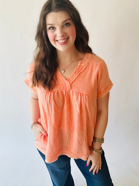 Washed Gauze Top - Coral