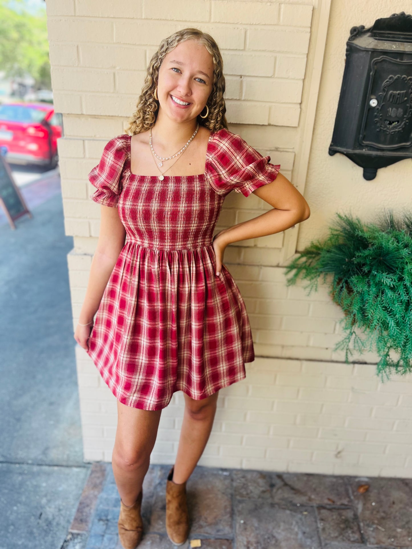 Plaid Smocked Puff Sleeve Dress