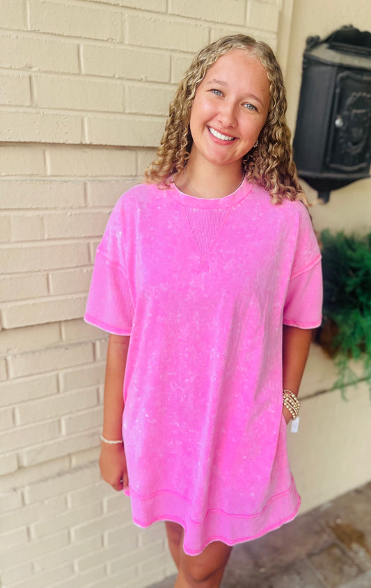 Mineral Washed Comfy Knit Dress - Pink