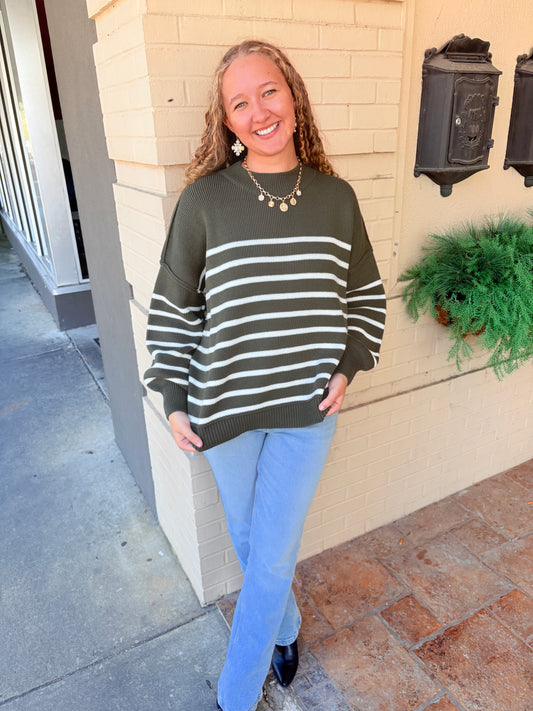 Striped Oversized Sweater - Dark Olive