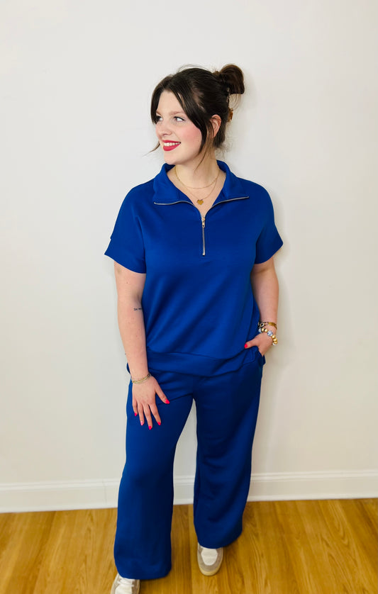 Short Sleeve Quarter Zip and Pants Modal Set - Royal Blue