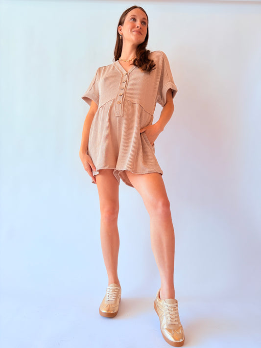 Ribbed Knit Romper - Oatmeal