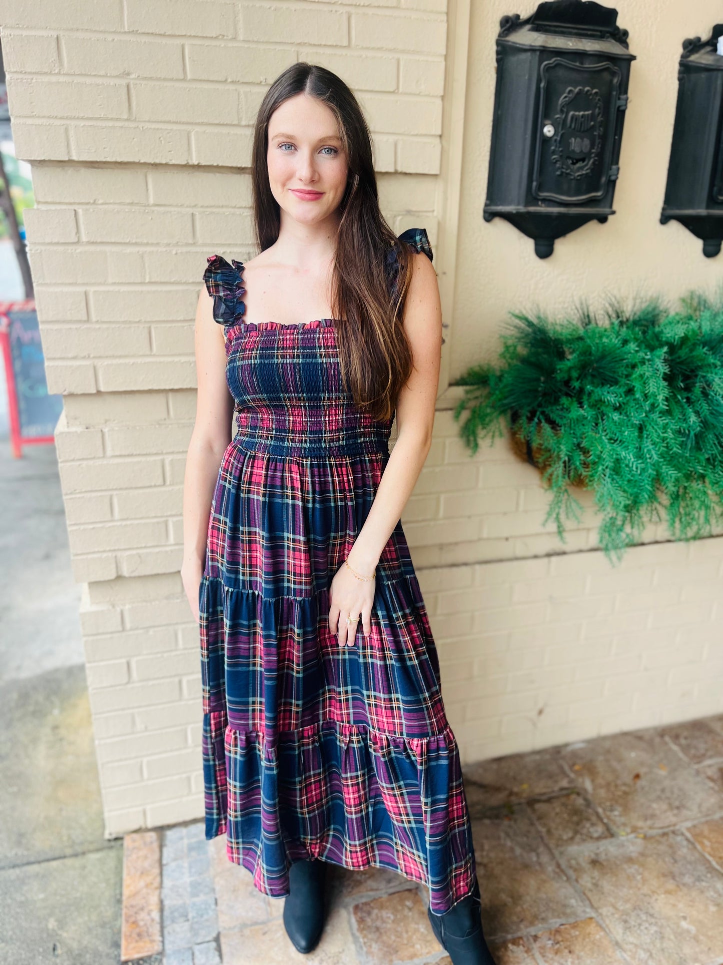 Plaid Smocked Tiered Midi Dress - Navy