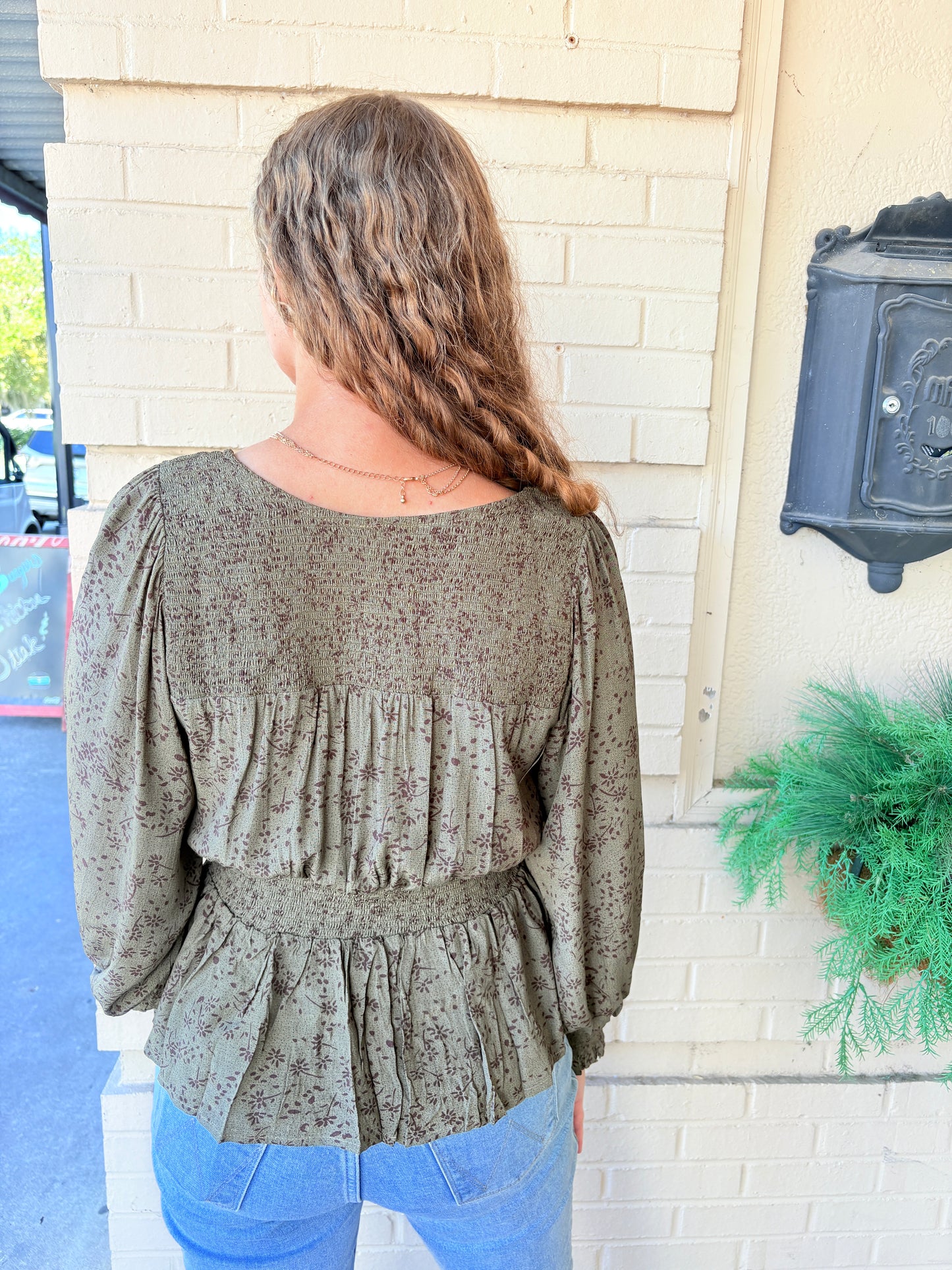 Smocked Button Front Peasant Top - Dark Olive