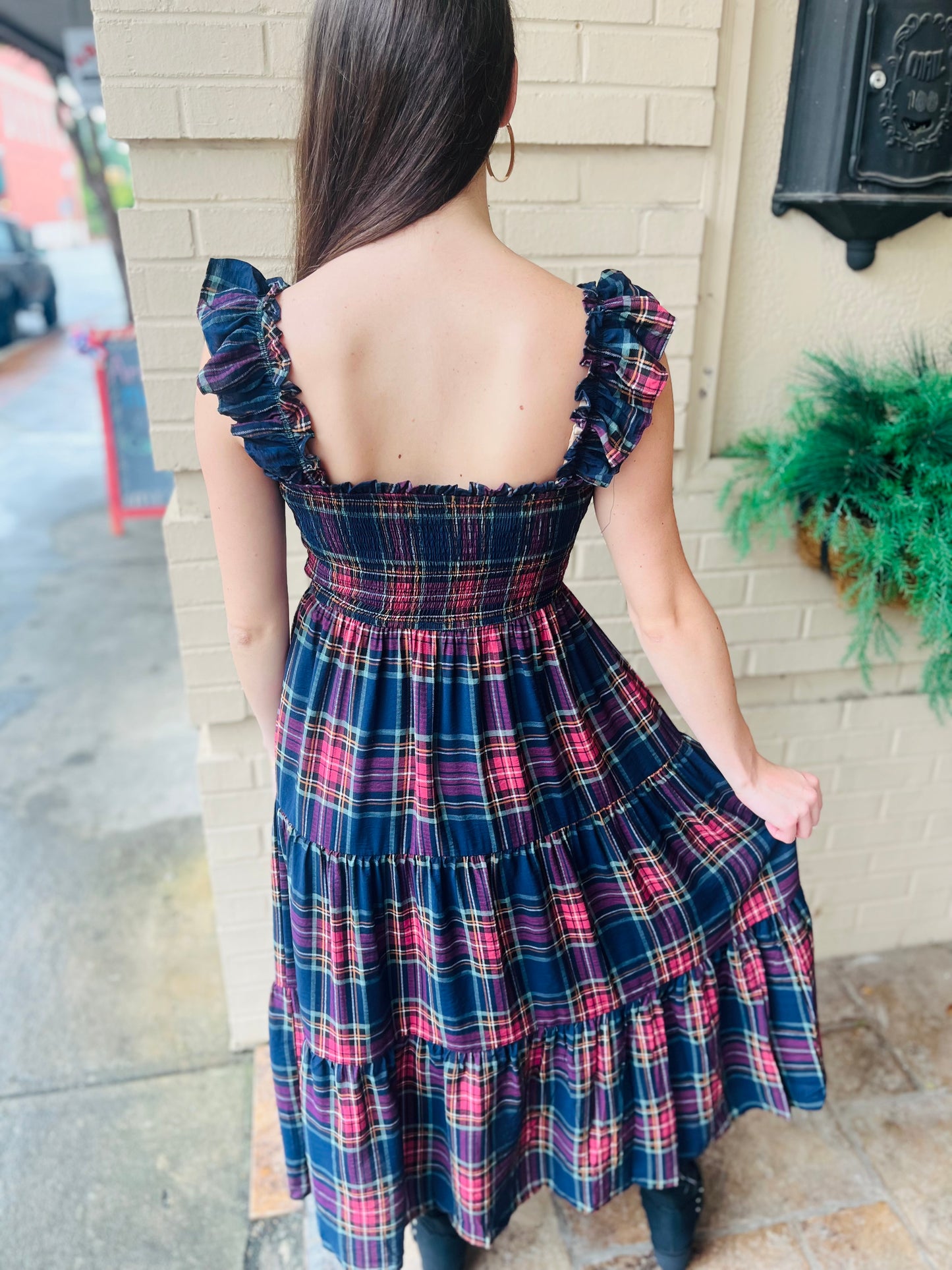 Plaid Smocked Tiered Midi Dress - Navy