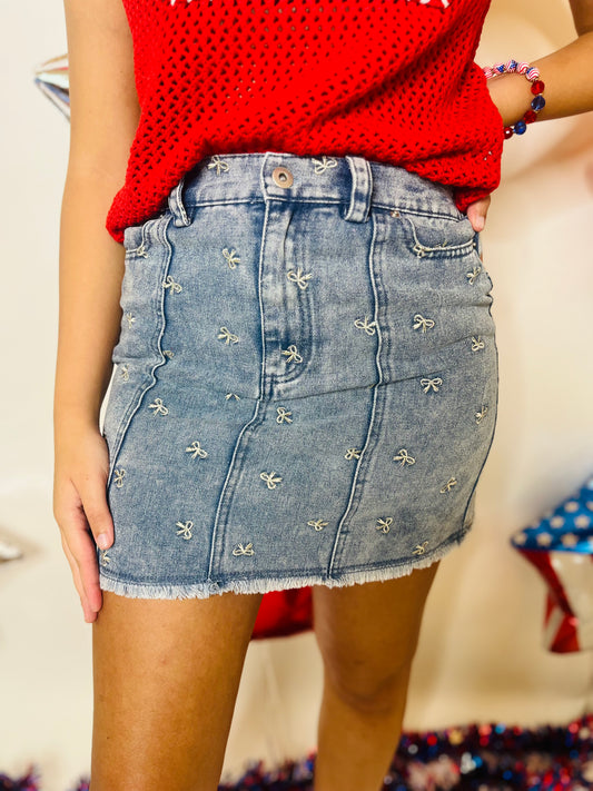 Bow Printed Denim Skirt