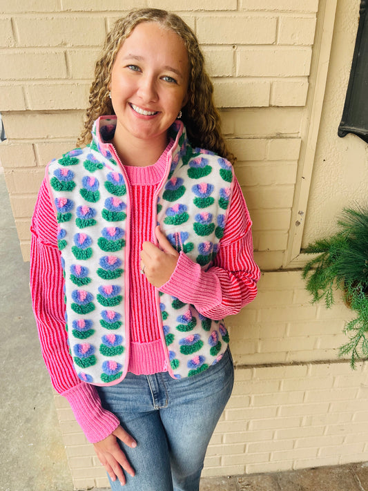 Textured Bow & Floral Printed Vest