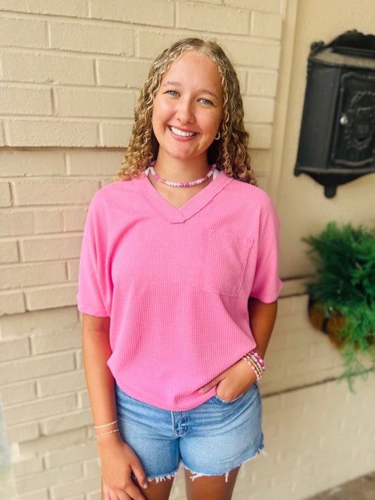 Waffle V Neck Dolman Top - Blossom Pink