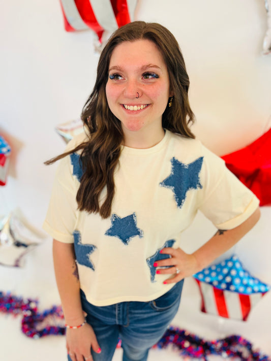 Denim Star Patch Top - Ivory