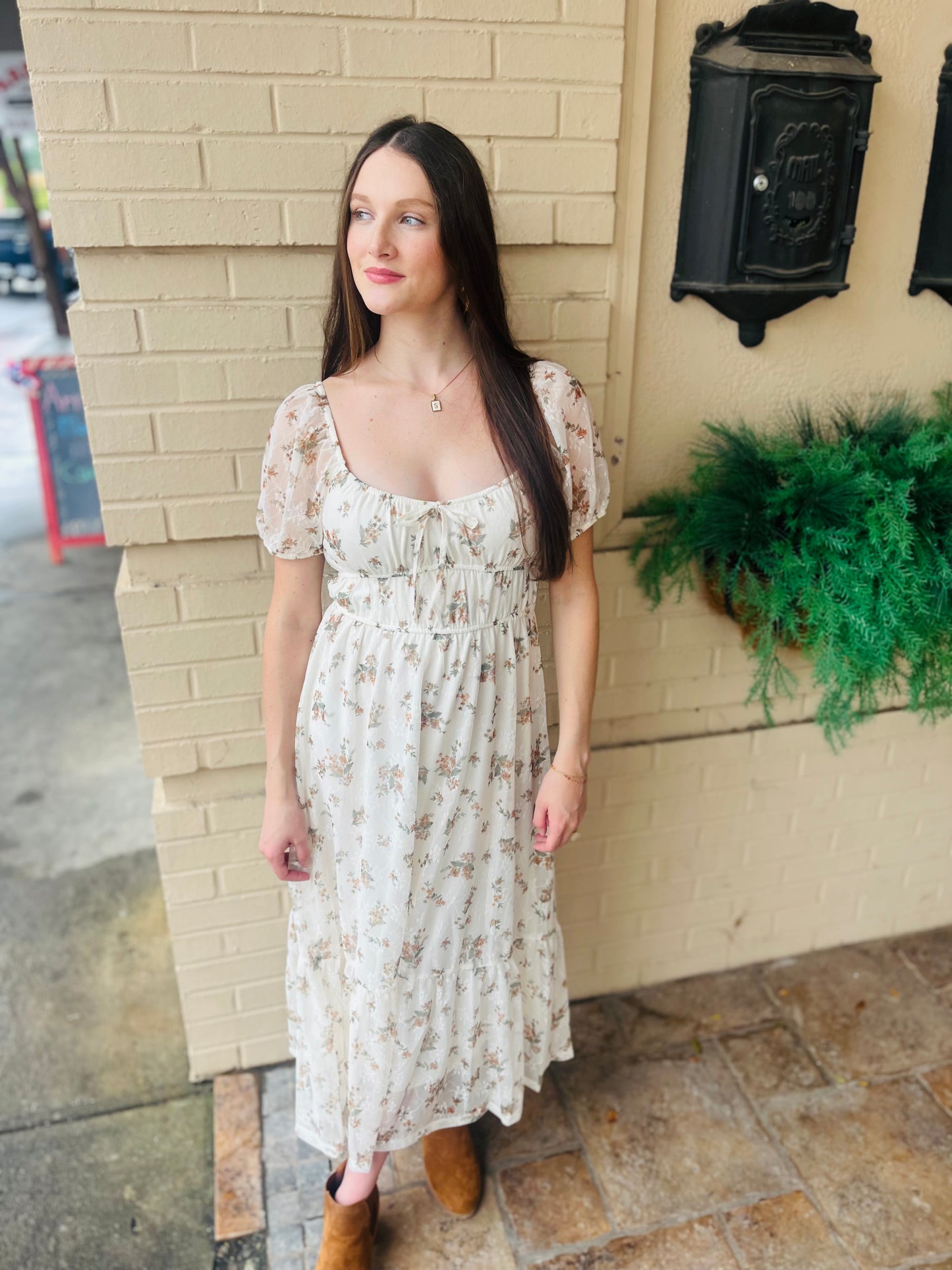 Sheer Sleeve Floral Front Tie Midi Dress - Cream
