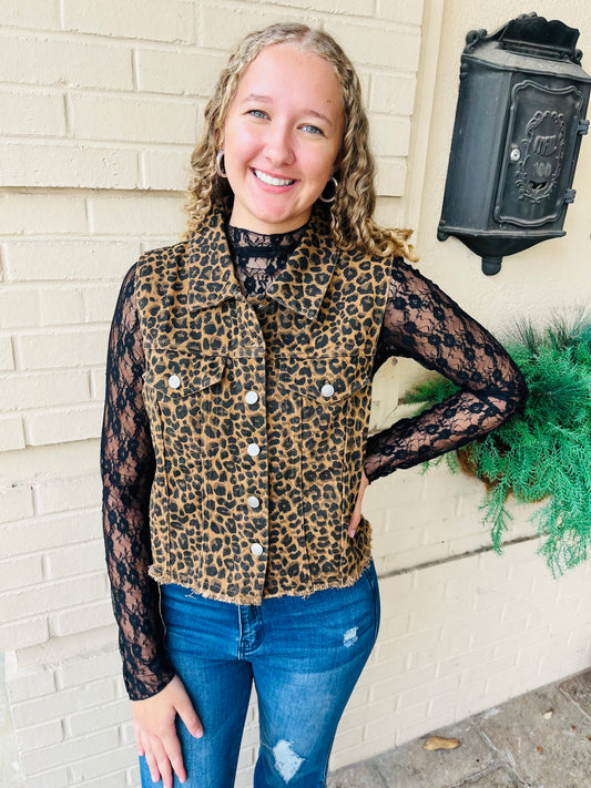 Leopard Collard Vest - Camel Mix