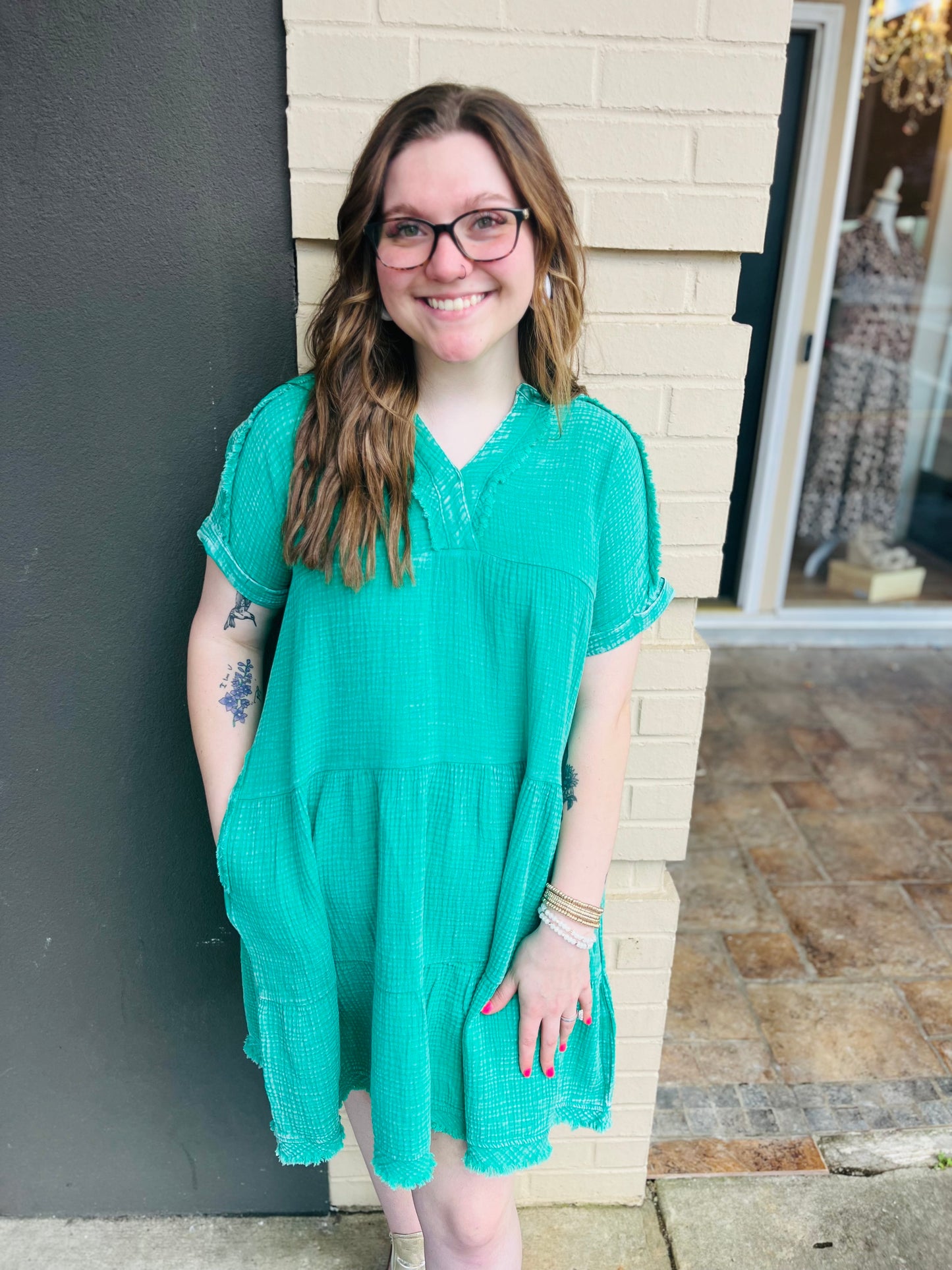 Washed Gauze V-Neck Dress - K Green