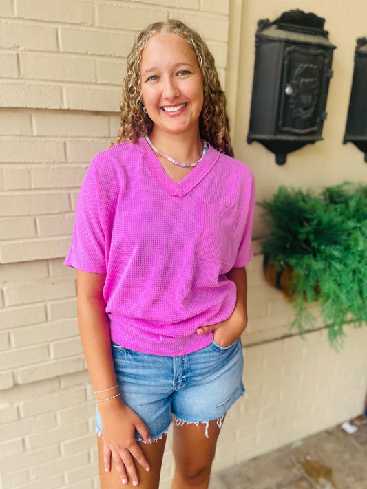 Waffle V Neck Dolman Top - Magenta