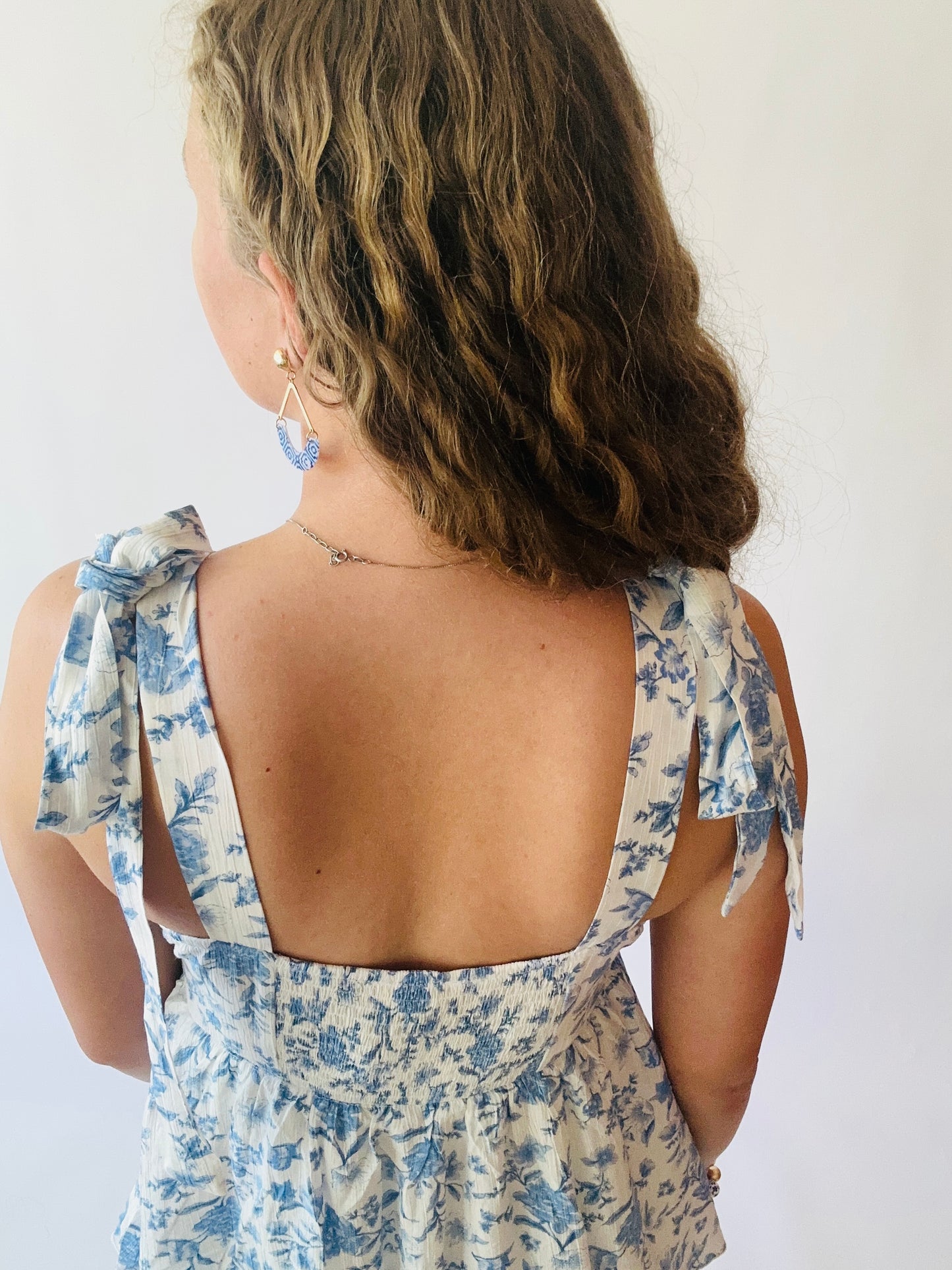 Floral Tie Strap Ruffle Tiered Midi Dress - Blue Multi