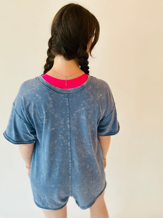 Mineral Washed Oversized Romper - Denim