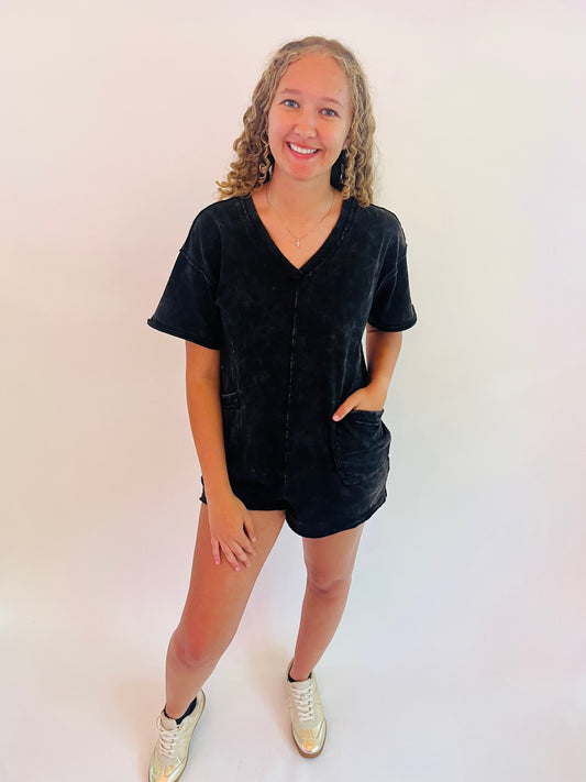 Mineral Washed Pocket Romper - Black