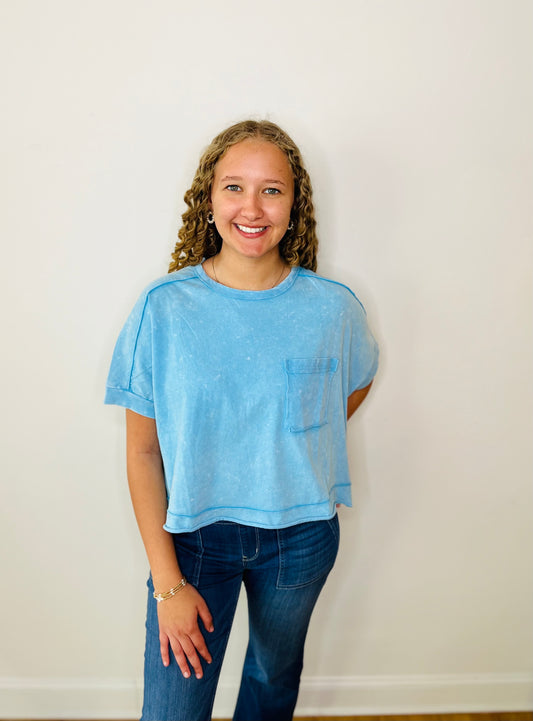 Mineral Washed Oversized Top - Aqua Blue