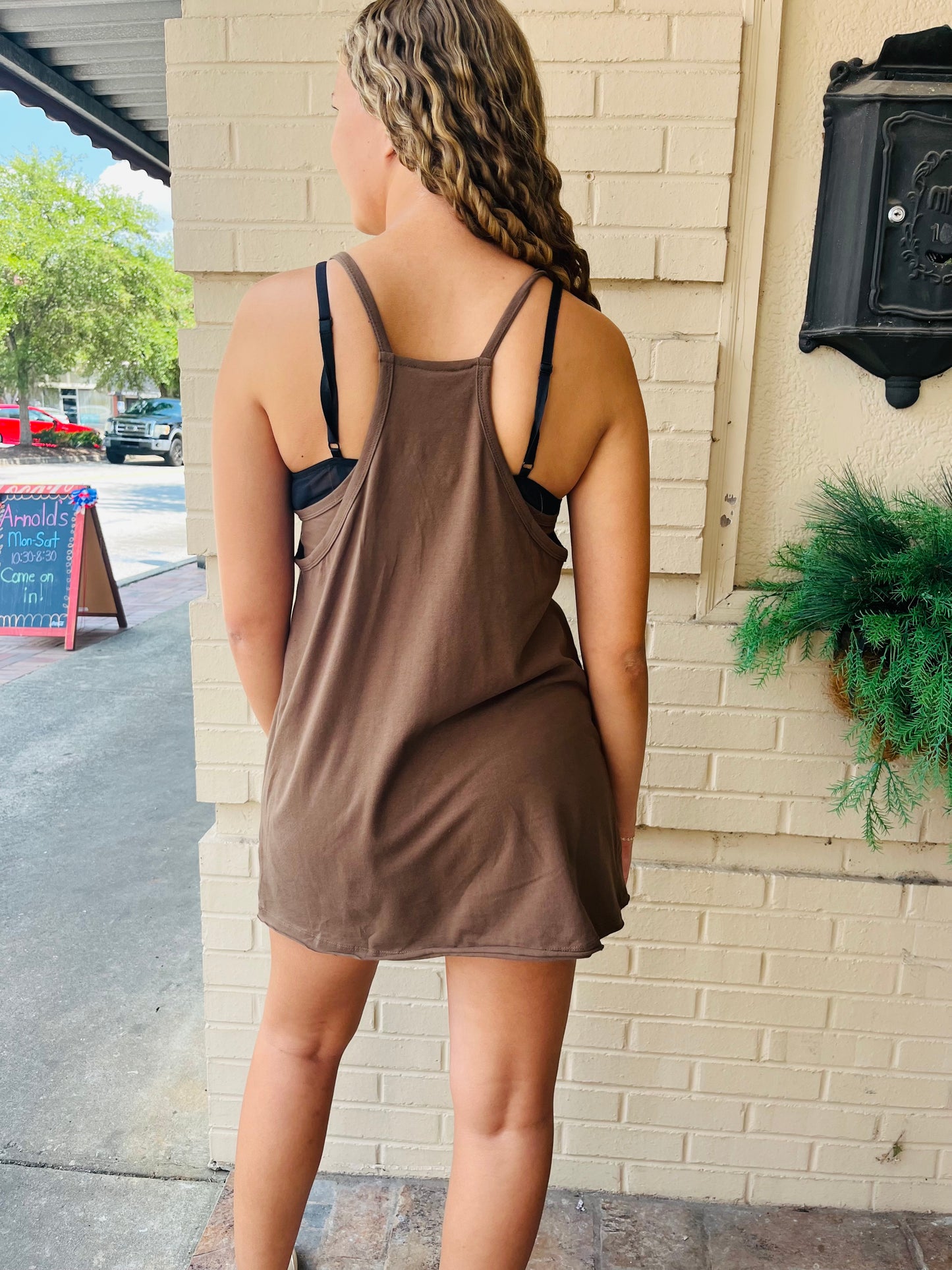 Built-in Shorts Knit Sleeveless Dress - Coffee