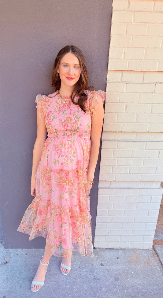 Floral Smocked Ruffle Tiered Maxi Dress - Pink