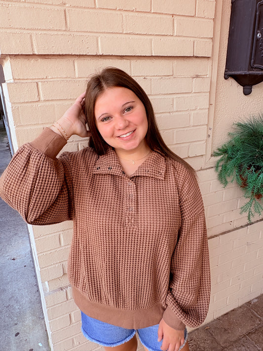 Oversized Half Button Down Waffle Knit Pullover - Chocolate