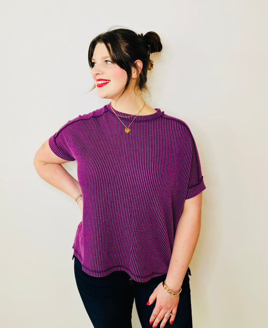 Corded Rib Short Cuff Sleeve Raw Edge Top - Dark Plum