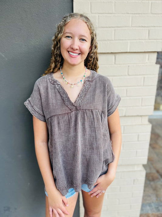 Washed Gauze Top - Brown
