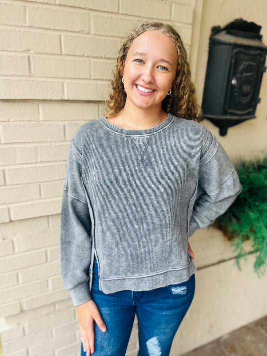 Washed Side Slit Pullover - Charcoal