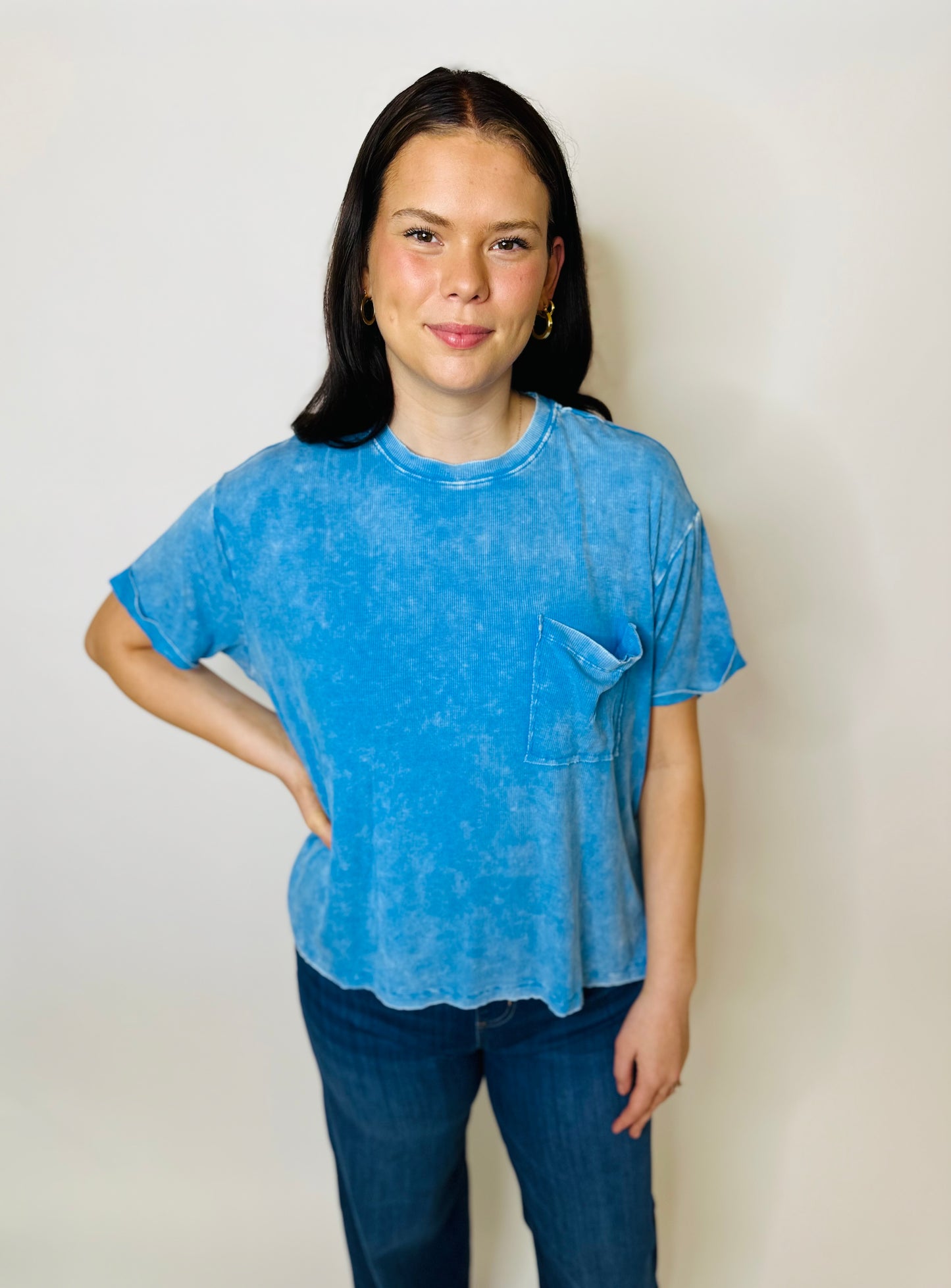 Washed Ribbed Round Neck Top - Deep Sky