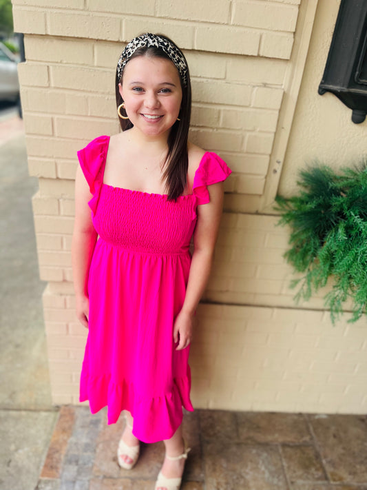Ruffle Sleeve Smocked Dress - Hot Pink