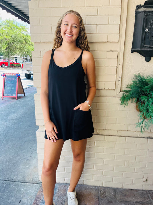 Built-in Shorts Knit Sleeveless Dress - Black