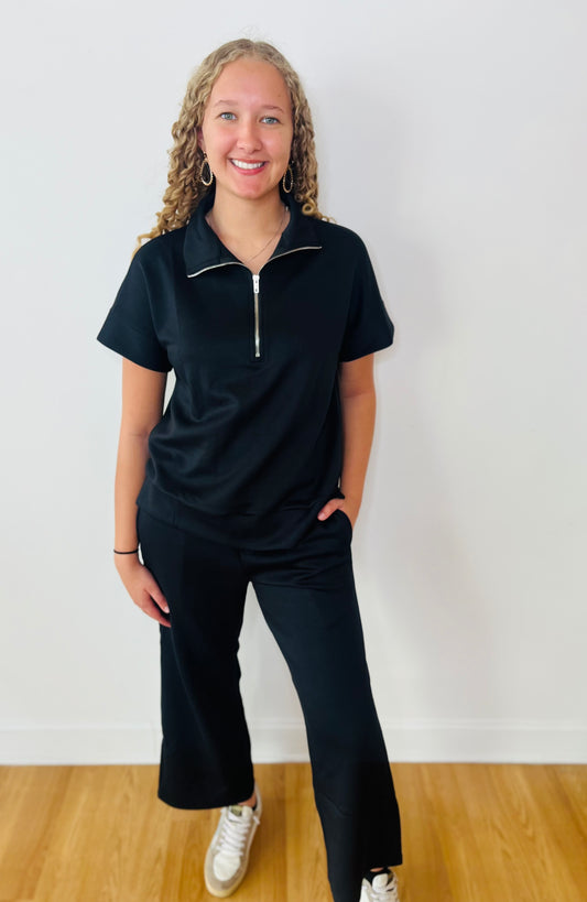 Short Sleeve Quarter Zip and Pants Modal Set - Black