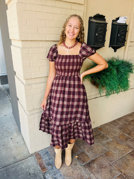 Plaid Smocked Puff Sleeve Ruffle Midi Dress