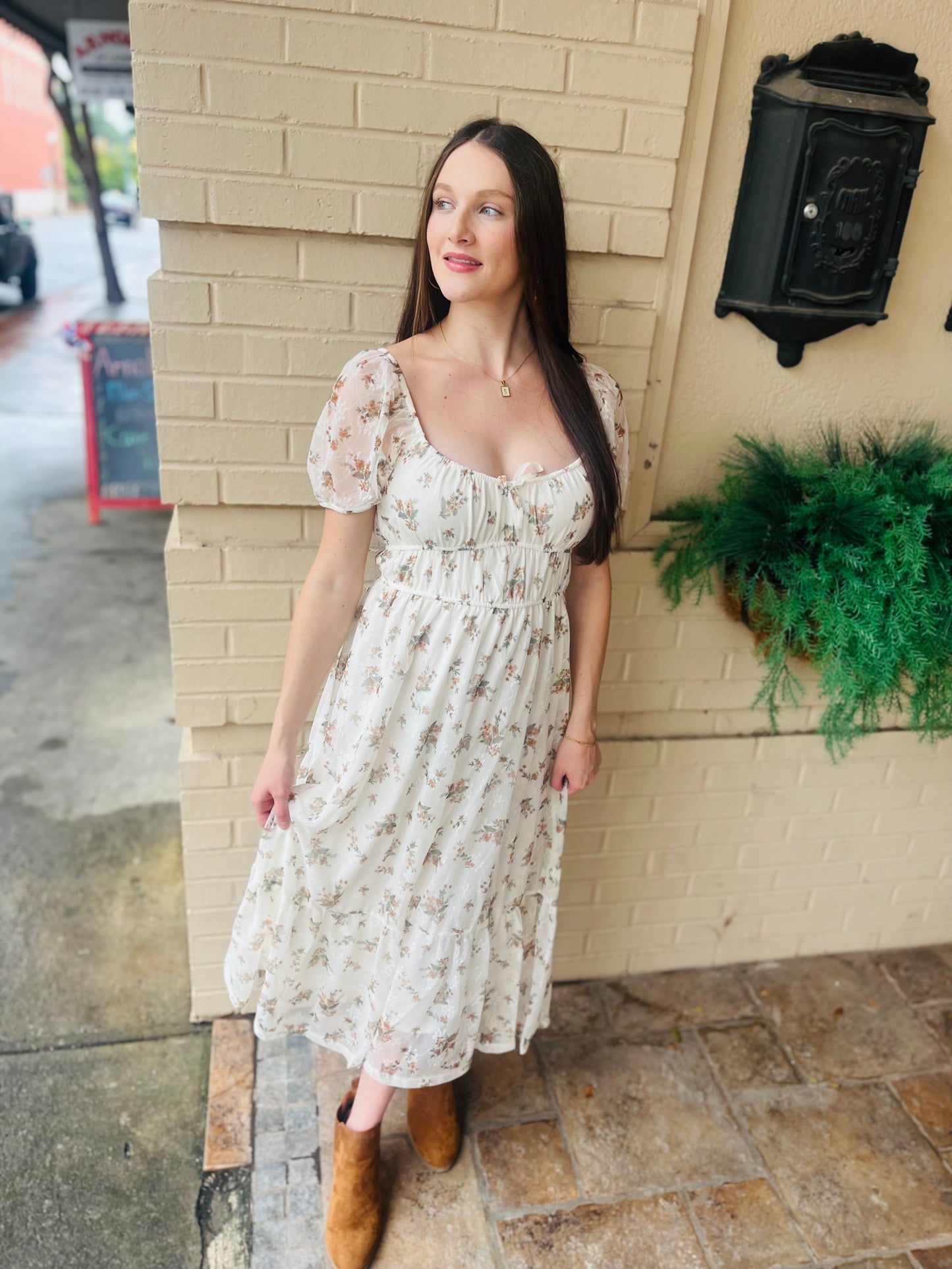 Sheer Sleeve Floral Front Tie Midi Dress - Cream