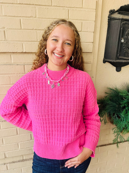 Oversized Textured Solid Knit Sweater - Pink