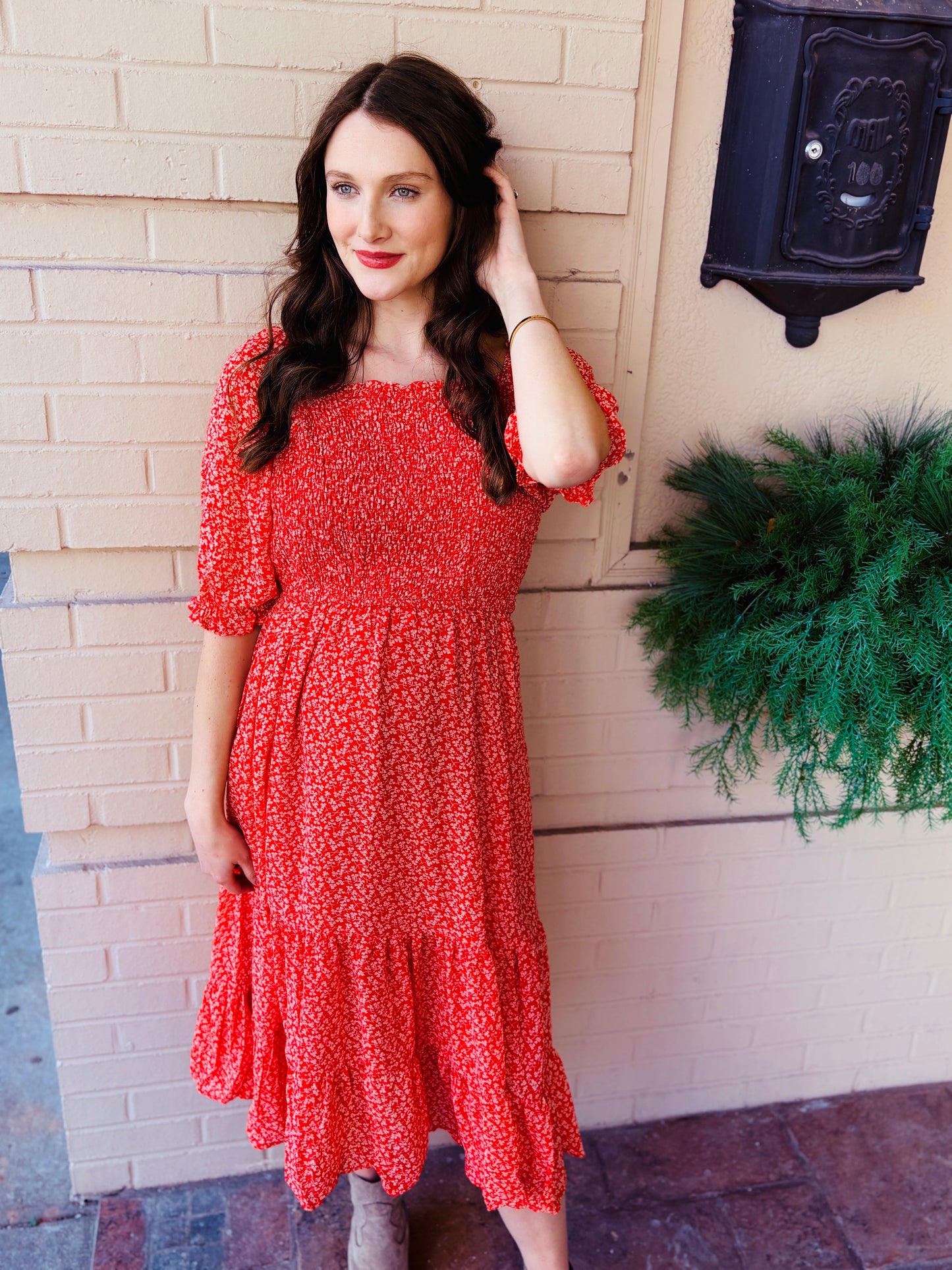 Cinched Cuff Square Neck Smocked Dress - Red