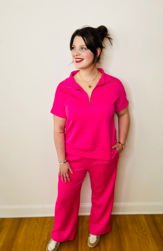 Short Sleeve Quarter Zip and Pants Modal Set - Hot Pink