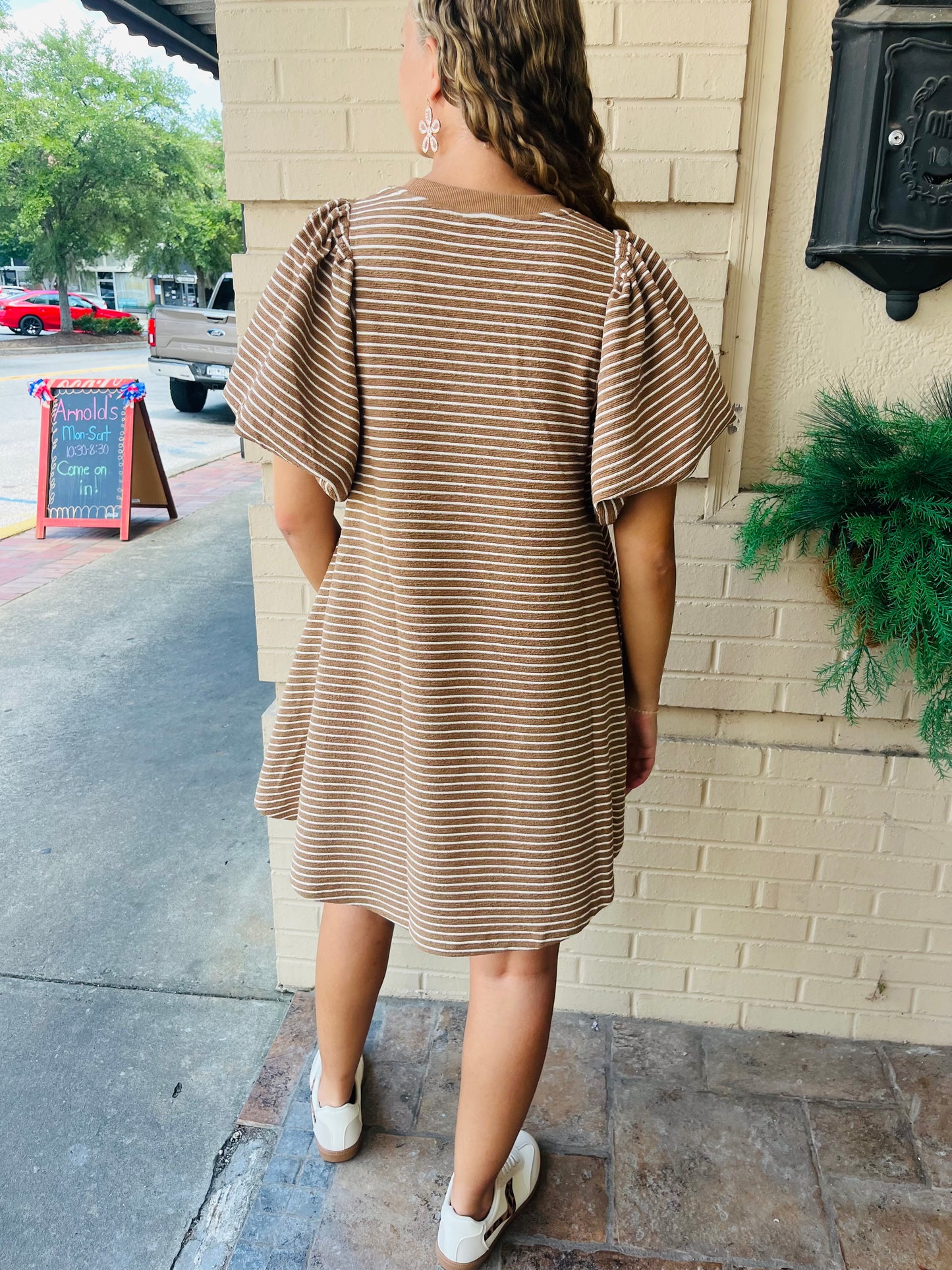 Puff Sleeve Striped Dress - Latte