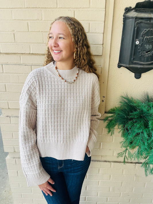 Oversized Textured Solid Knit Sweater - Ecru