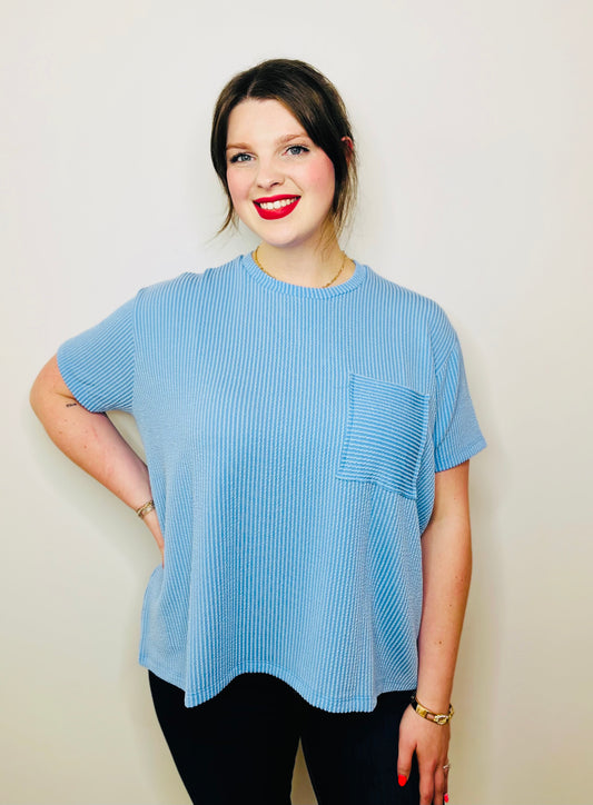 Corded Rib Short Sleeve Front Pocket Top - Spring Blue