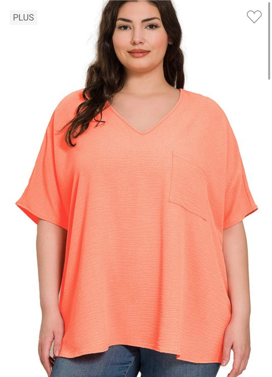 Plus Airflow V-Neck Dolman Pocket Top - Coral