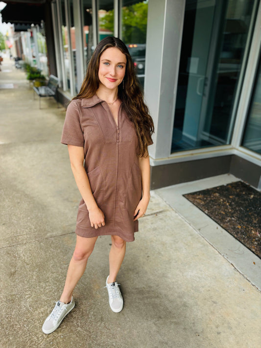 French Terry Short Sleeve Quarter Zip Dress - Smoky Brown