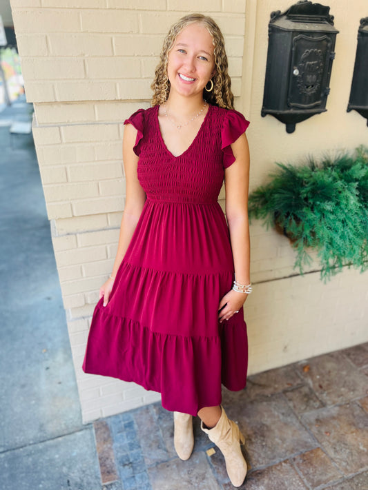 Flutter Sleeve Maxi Dress - Burgundy
