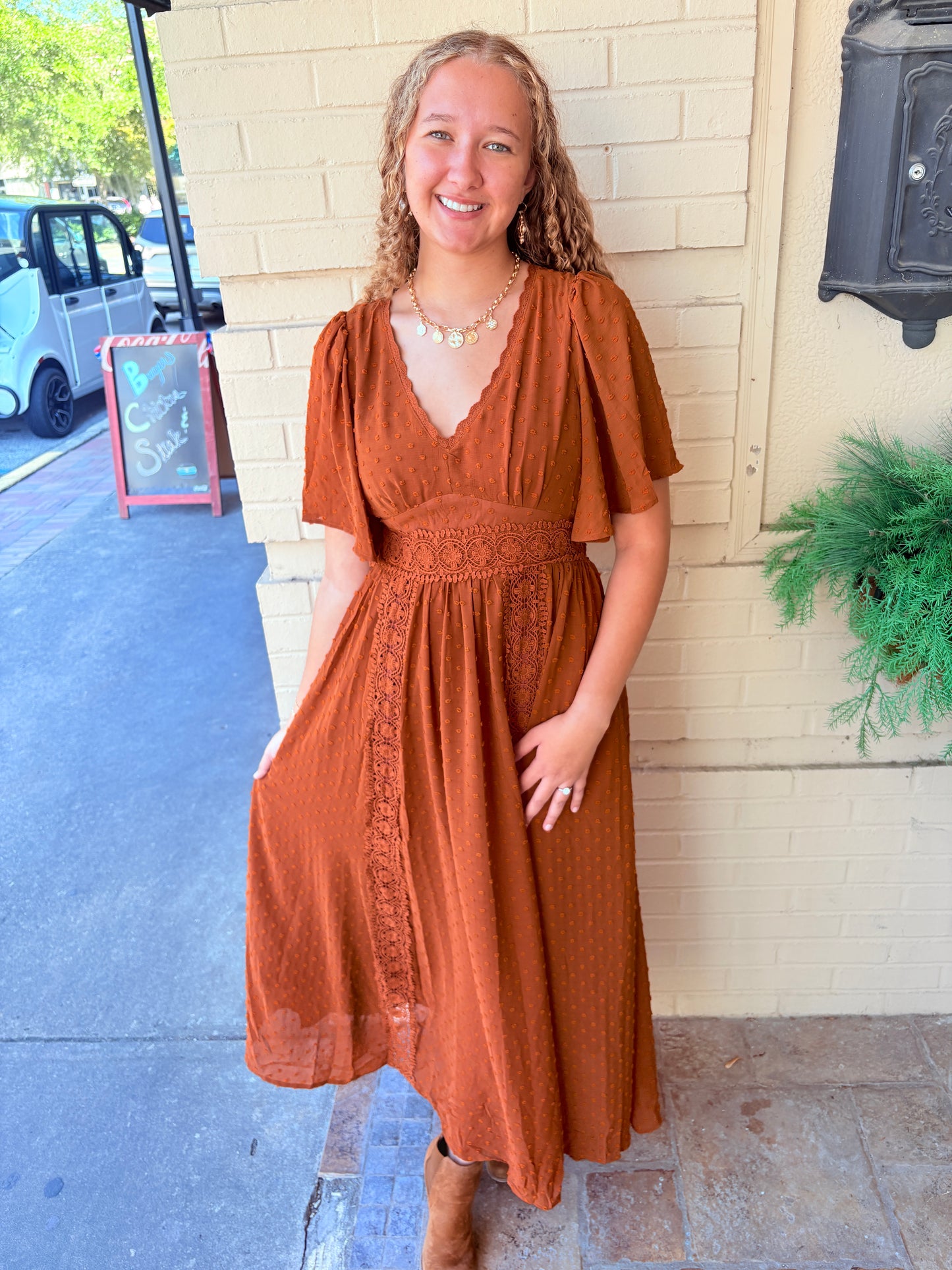 Swiss Dot Lace Maxi Dress - Camel