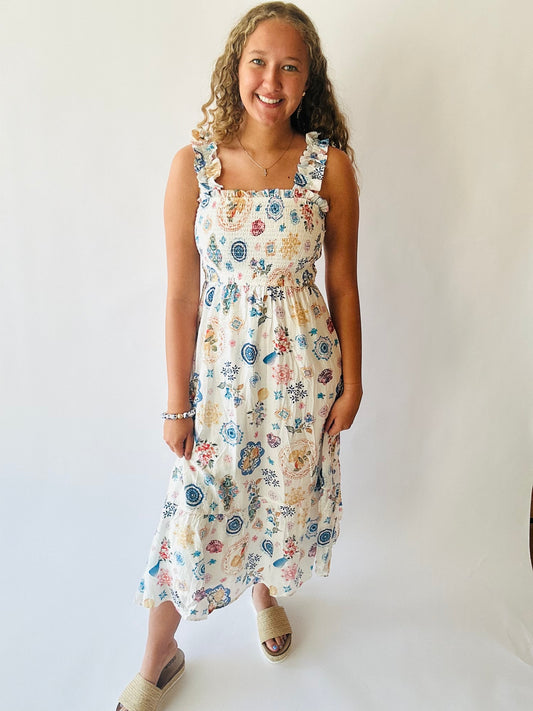 Print Smocked Sleeveless Midi Dress - Blue Multi