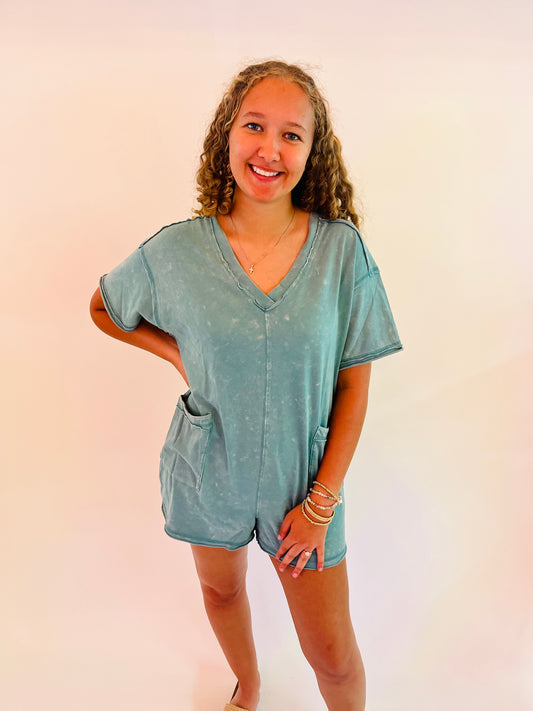 Mineral Washed Pocket Romper - Sage
