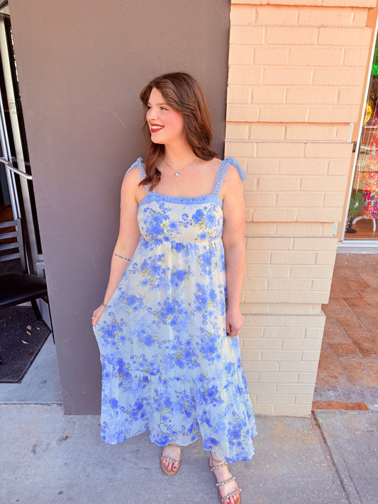 Floral Crochet Lace Strap Maxi Dress - Blue Multi