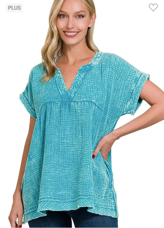 Plus Washed Gauze Top - Lt Teal