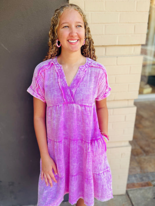 Washed Gauze V-Neck Dress - Bright Mauve