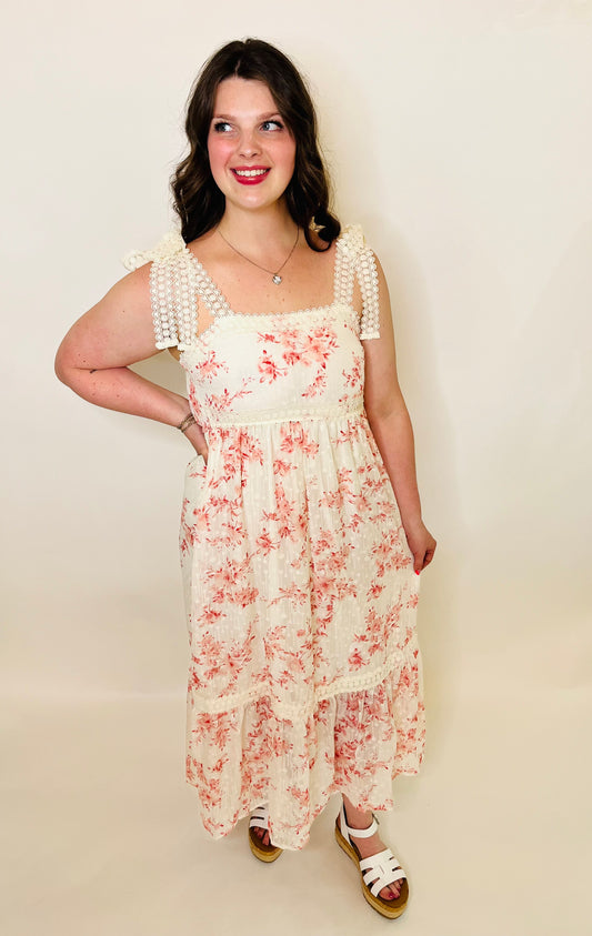 Floral Eyelet Lace Trim Midi Dress - Pink