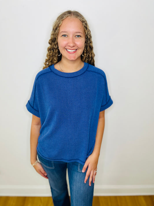 Corded Rib Short Cuff Sleeve Raw Edge Top - Classic Blue